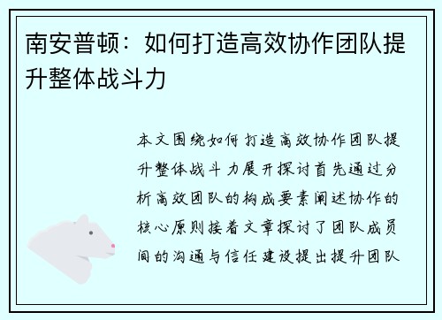 南安普顿:如何打造高效协作团队提升整体战斗力